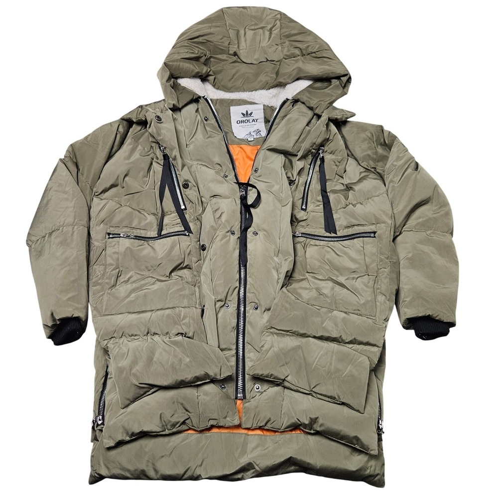 Orolay Thickened Down Jacket Womens S Green Multi-Zipper Hooded Parka Coat